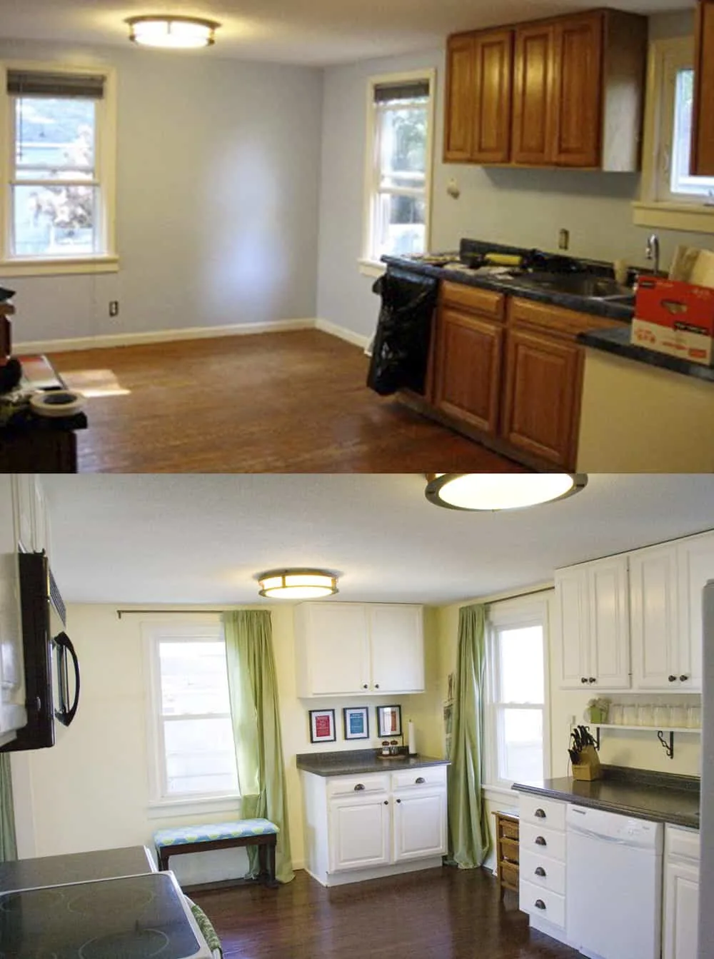 Before and after images of a budget kitchen remodel