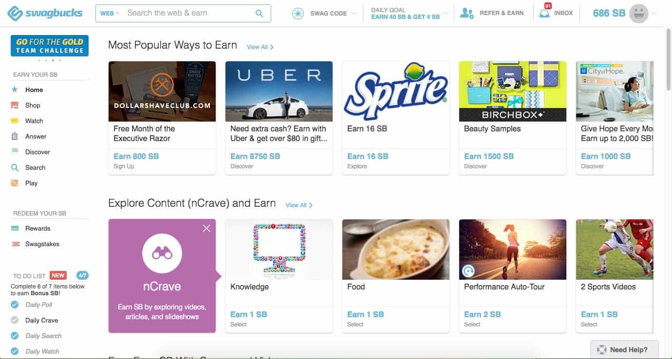 SwagBucks Home Screen - earn extra cash from home 