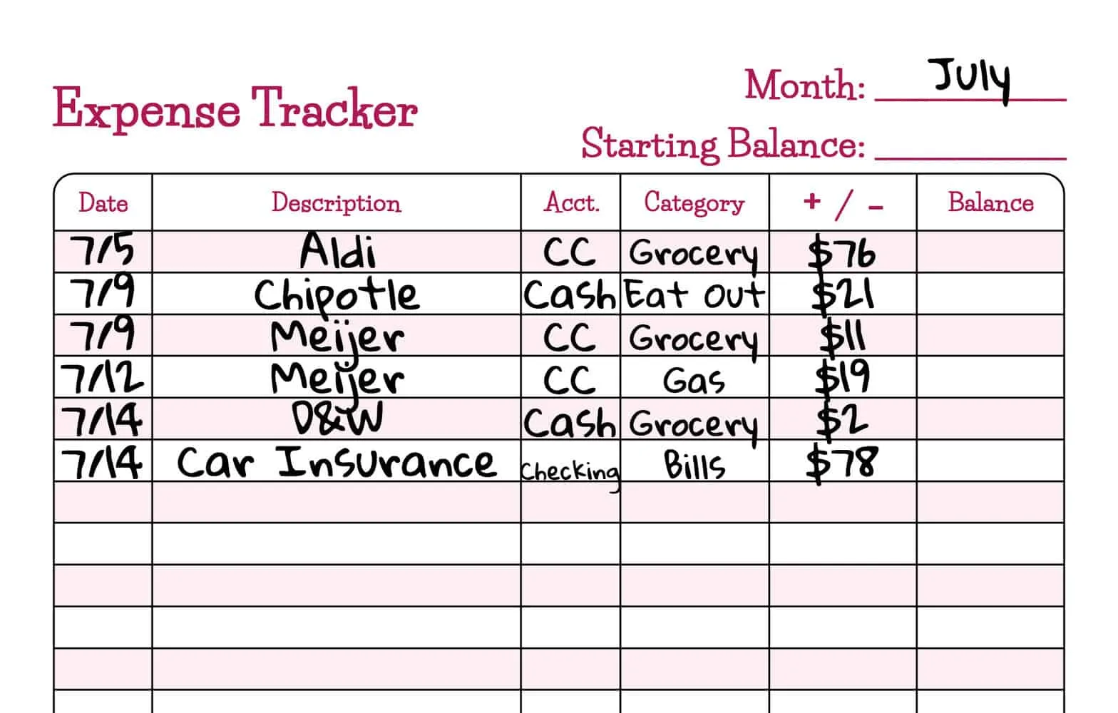 Spending Tracker Printable