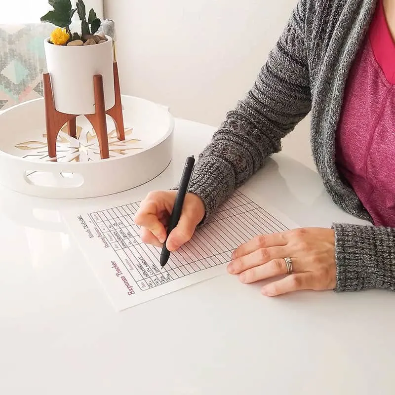 Kitchen table. Woman tracking spending on worksheet. 