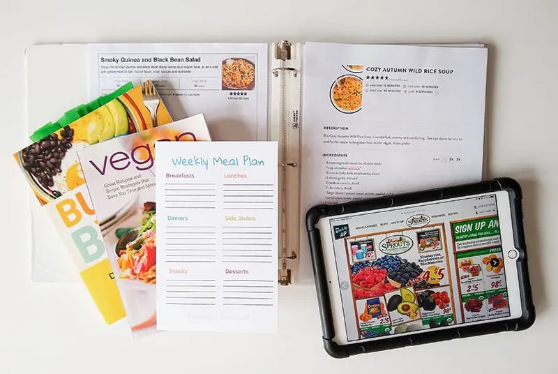 Cookbooks, meal planning printable, sale ad, and recipe binder. 