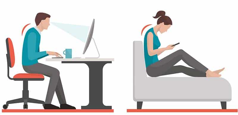 Inactive people sitting at a desk and on the couch