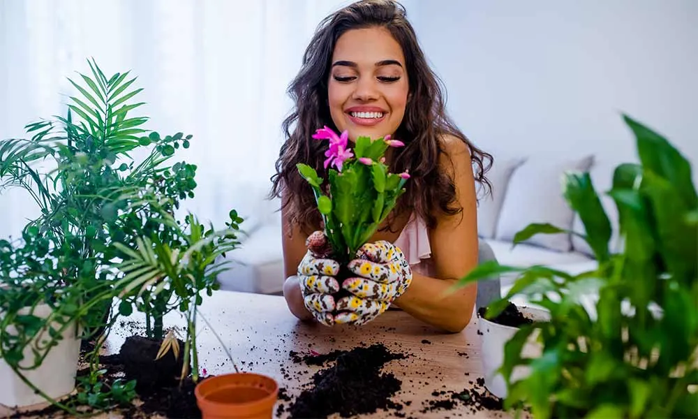 woman with plants at home