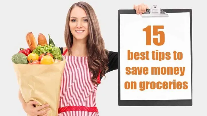 woman holding sign for saving on groceries