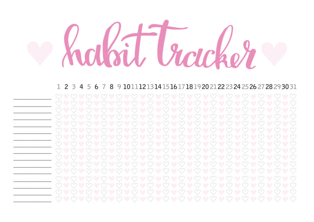 monthly habit tracker with hearts design