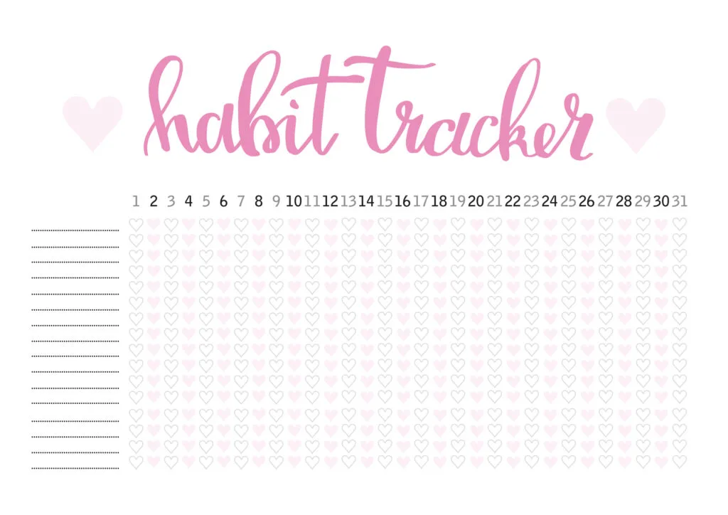 monthly habit tracker with hearts design