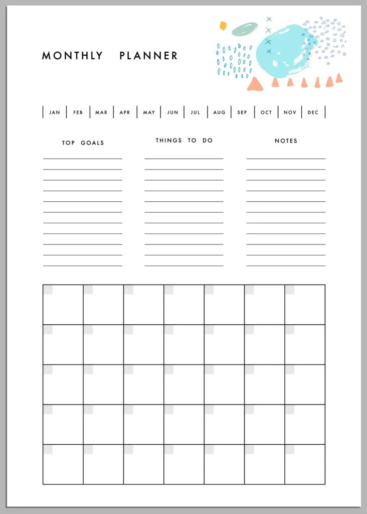 monthly planner with habit tracking, top goals, and things to do