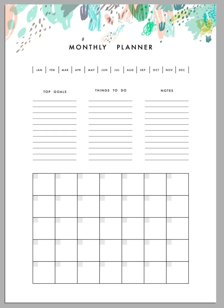 Monthly planner with top goals and things to do, in addition to habits