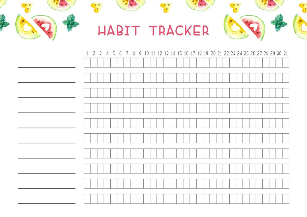 Monthly habit tracker with fruit designs