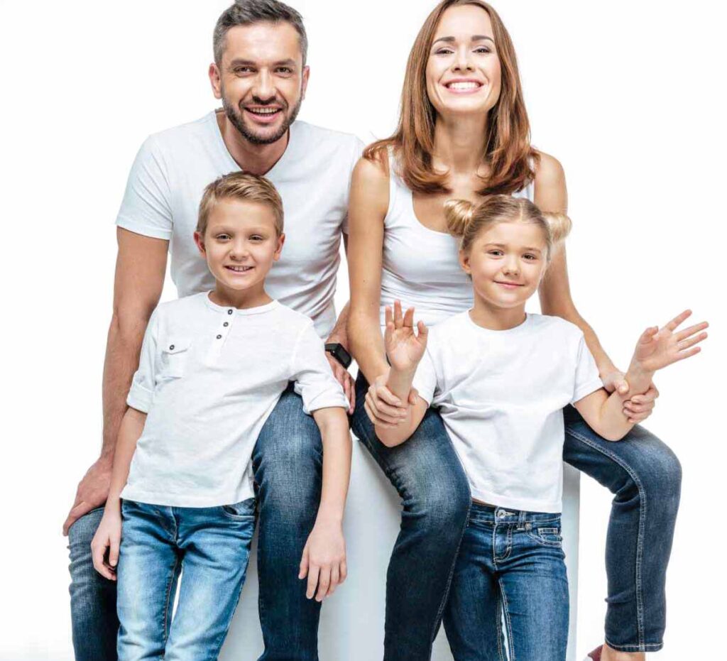 family in white t-shirts and blue jeans