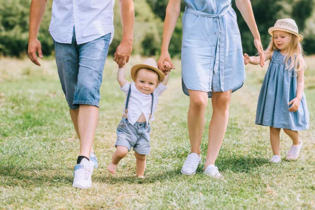 family outfits with blue tones outdoors