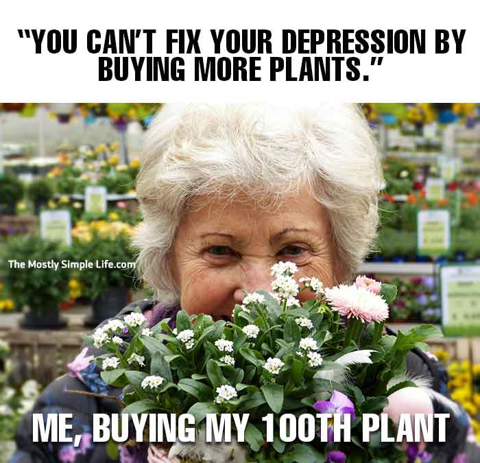 Mental health meme with old woman and plants