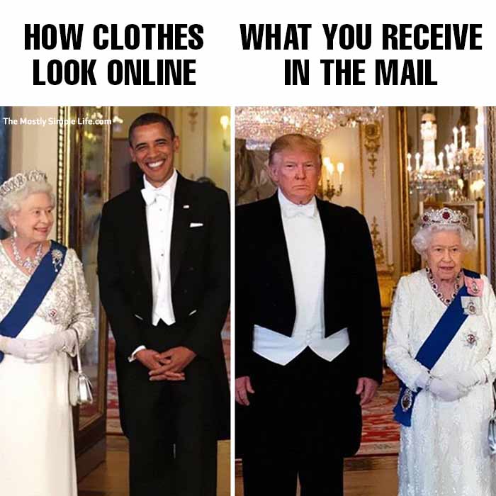trump meme comparing clothing; suit that doesn't fit; queen of England