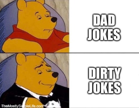 Image is split in 2. Top is a tired looking Winnie the Pooh. Text says: Dad jokes.
Bottom half is Pooh in a tuxedo looking smug and text says: Dirty jokes.