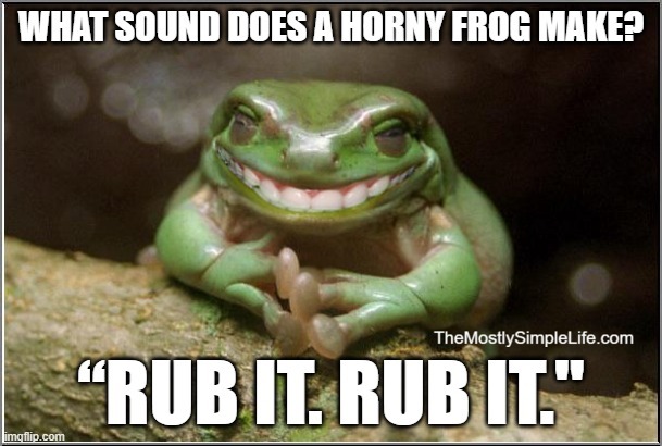 Image is a frog appearing to smile with human teeth. Text says: What sound does a horny frog make? Rub it. Rub it.