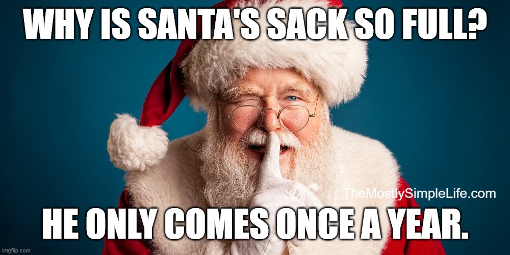 Text says Why is Santa's sack so full? He only comes once a year. Image is Santa wearing glasses and red cap, winking and putting his finger over his mouth as if to say 