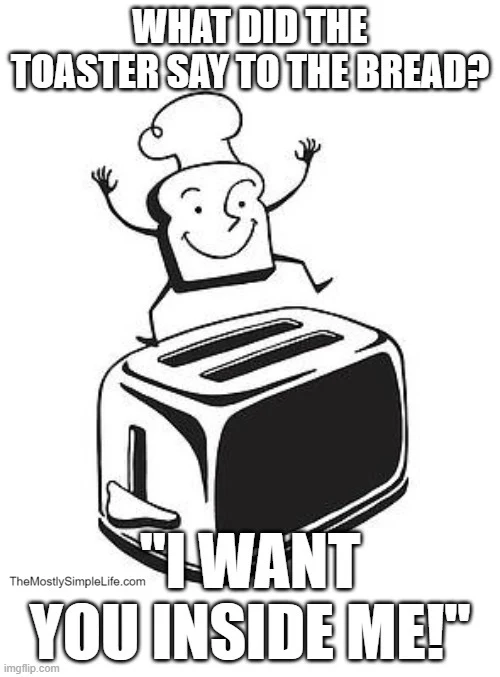 Image of cartoon bread jumping into toaster. Text says: What did the toaster say to the bread? I want you inside me.