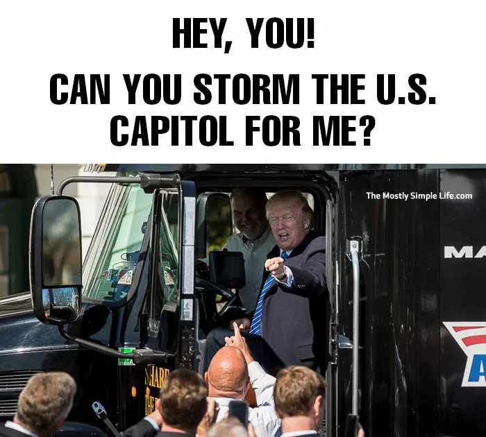 trump meme in truck, pointing at people
