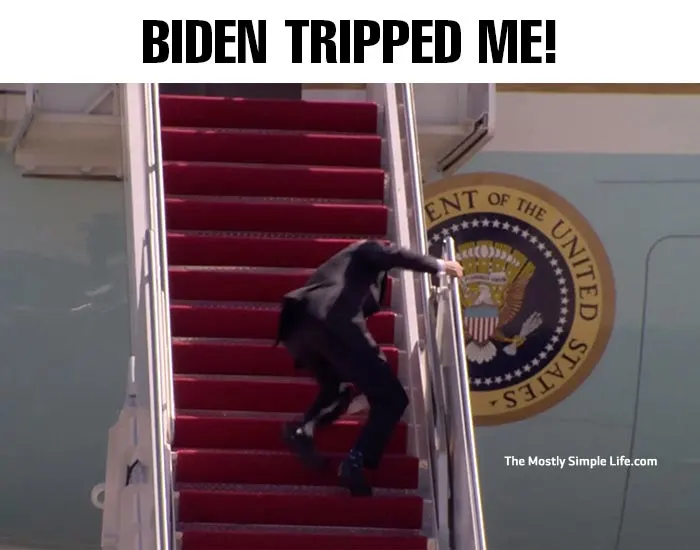 trump meme with trump falling and blaming biden