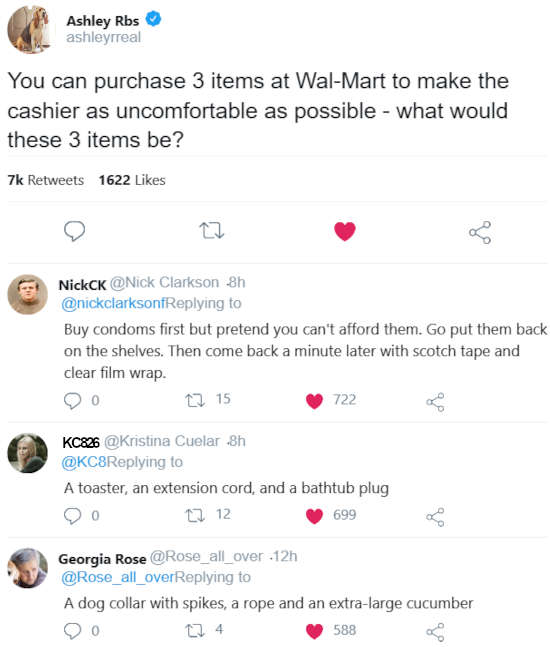 funny tweet about buying items at wal-mart