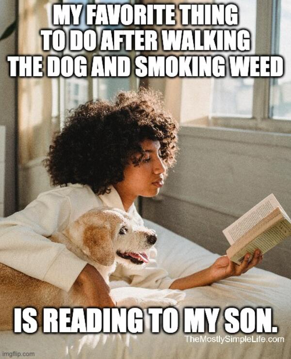 Woman reading to dog.