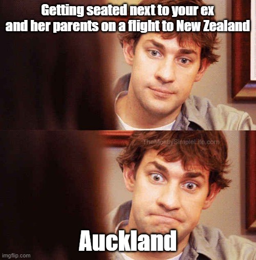 I was seated next to my ex and her parents on my flight to New Zealand.
It was Auckland!