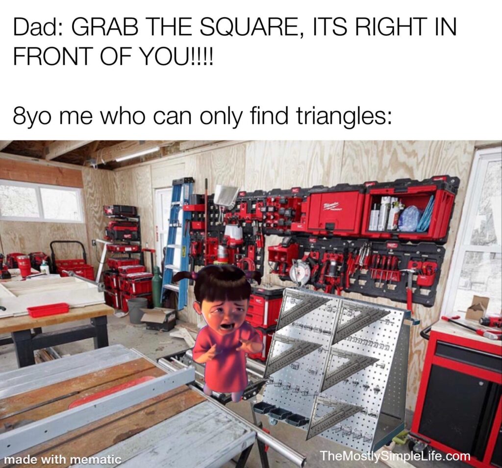 Text says: Dad: Grab the square, its right in front of you! 8 YO me who can only find triangles:

image of Boo crying in a workshop with a lot of carpenter squares in front of her
