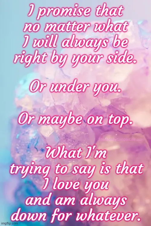 I promise that no matter what I will always be right by your side.
Or under you.
Or maybe on top.
What I'm trying to say is that I love you and am always down for whatever.