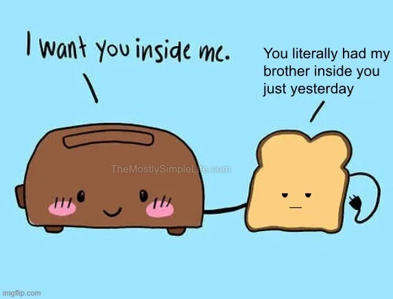 What did the toaster say to the slice of bread?
"I want you inside me."

How did the slice of bread respond?
"You literally had my brother inside you just yesterday..."