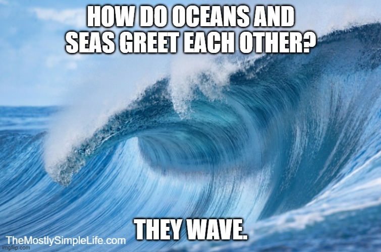 Texts says: How do oceans and seas greet each other? They wave.

Image of large ocean wave.

