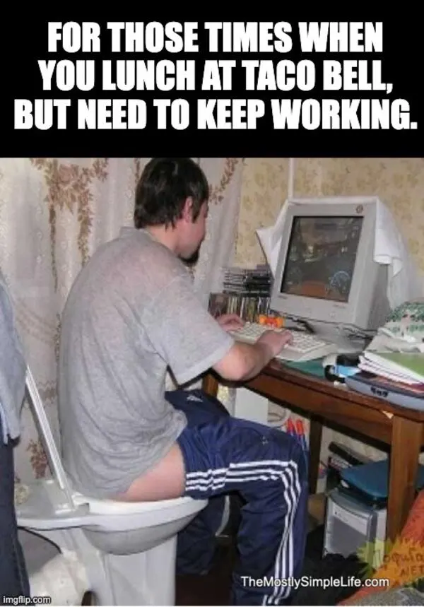 Man on toilet and at computer.