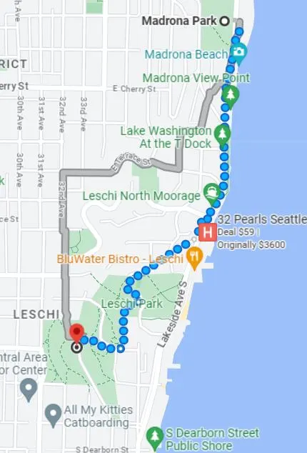 seattle map showing a walk from madrona park walk to leschi park