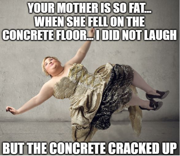 fat mother joke about falling on concrete, and the concrete cracks up