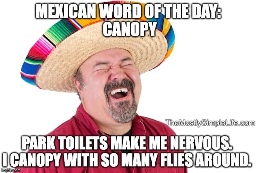 Man in sombrero laughing. Word: canopy