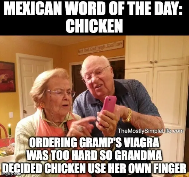 Grandparents ordering by phone. Word: Chicken