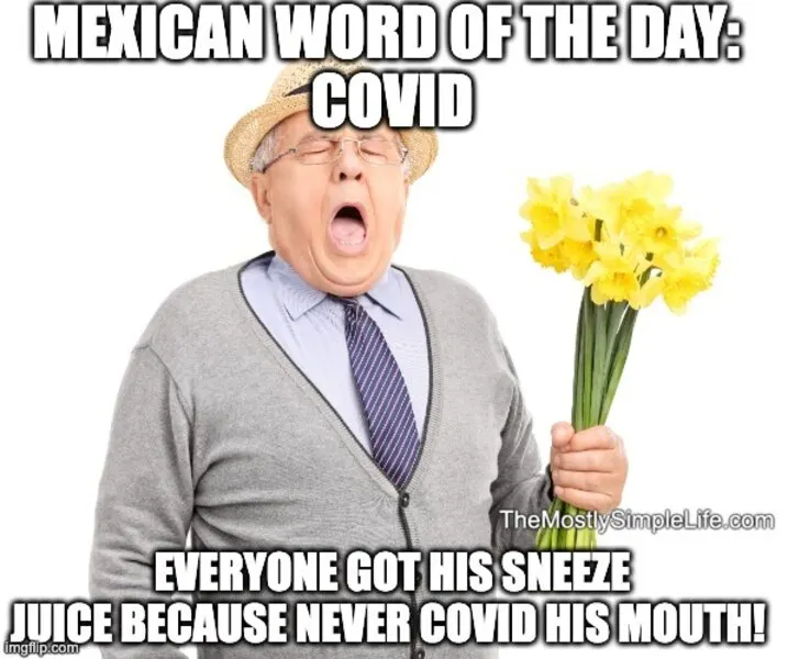 Man sneezing. Word: Covid