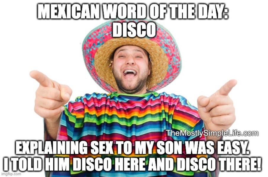 Guy in sombrero point with both hands. Word: disco