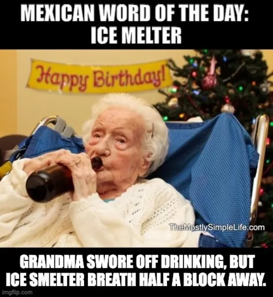 Grandmother drinking. Word: Ice Melter
