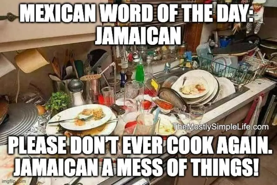 Messy kitchen. Word: Jamaican