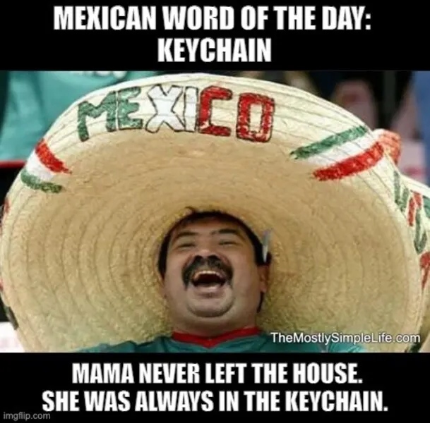 Man in sombrero. Mama never left...Word: keychain