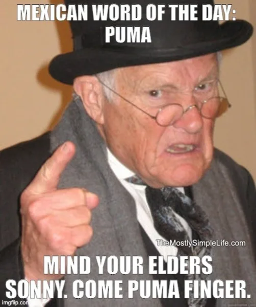 Old man pointing. Word: puma
