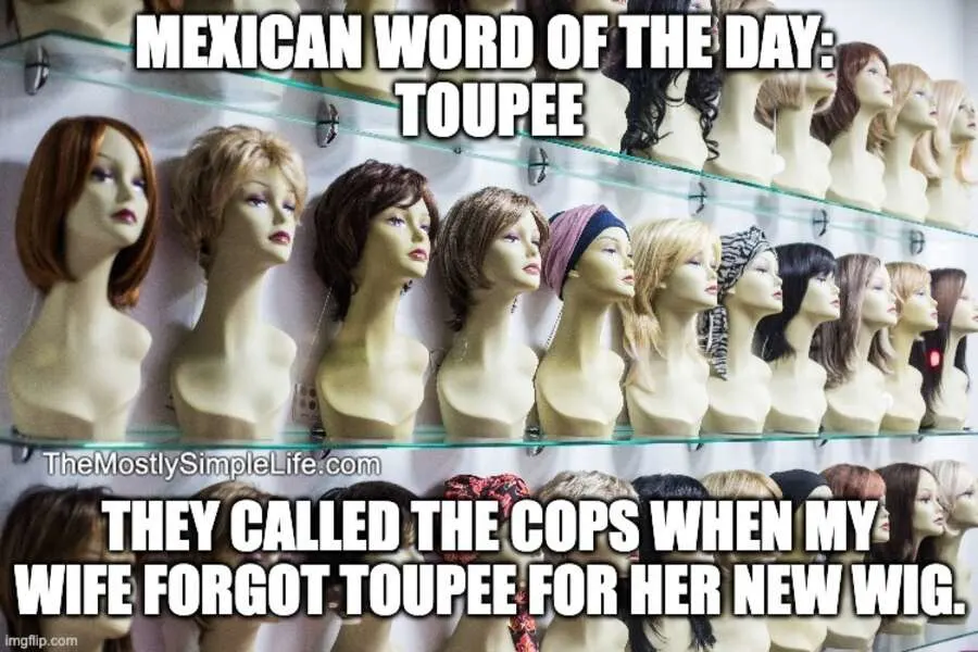 Wigs on a shelf. Word: toupee