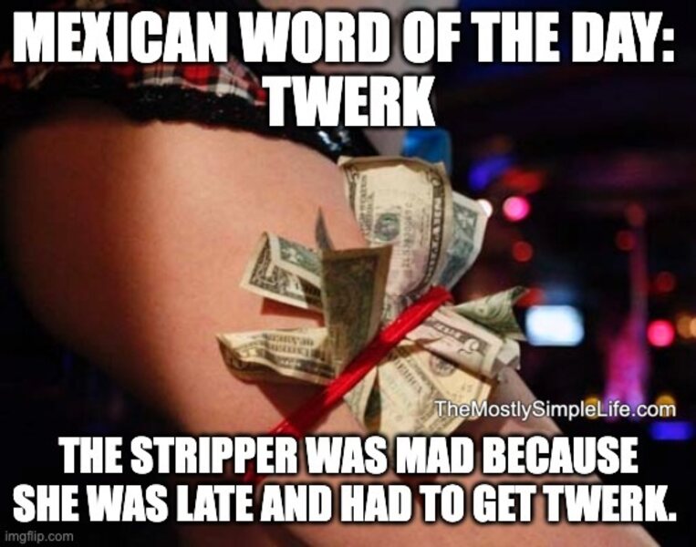 Stripper's leg with dollar bills in garter. Word: twerk