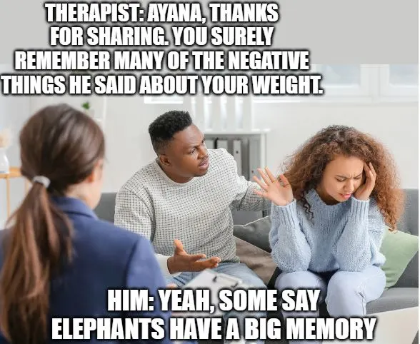 funny meme about a couple in therapy with bad fat joke from the husband