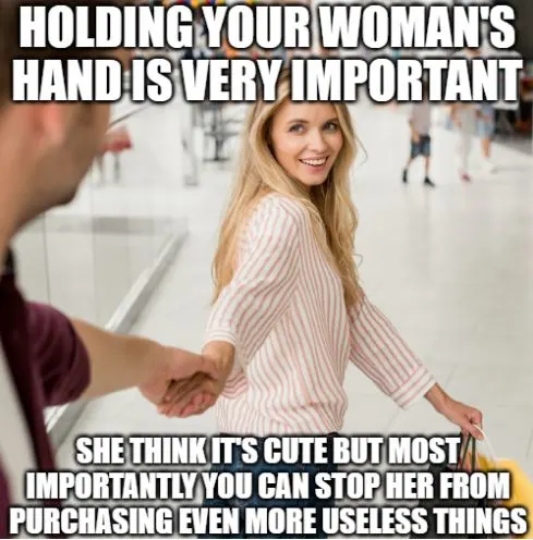 holding hands is cute and will stop her from purchasing more things